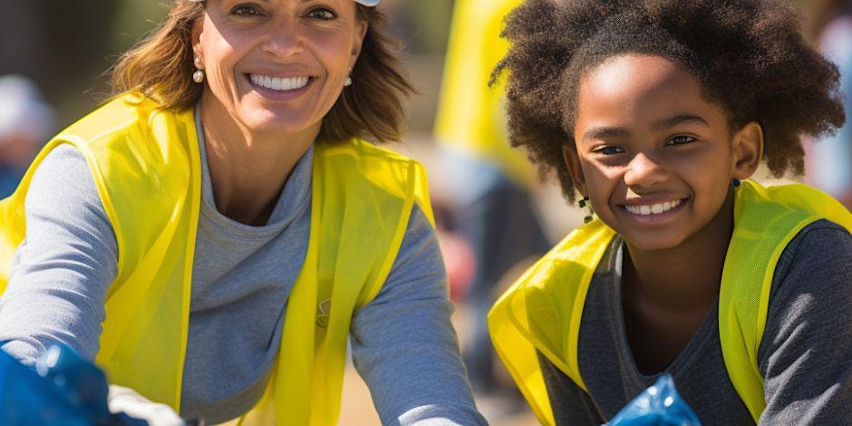 A photograph of two people smiling into the camera wearing yellow high viz Westcoats over their normal clothes